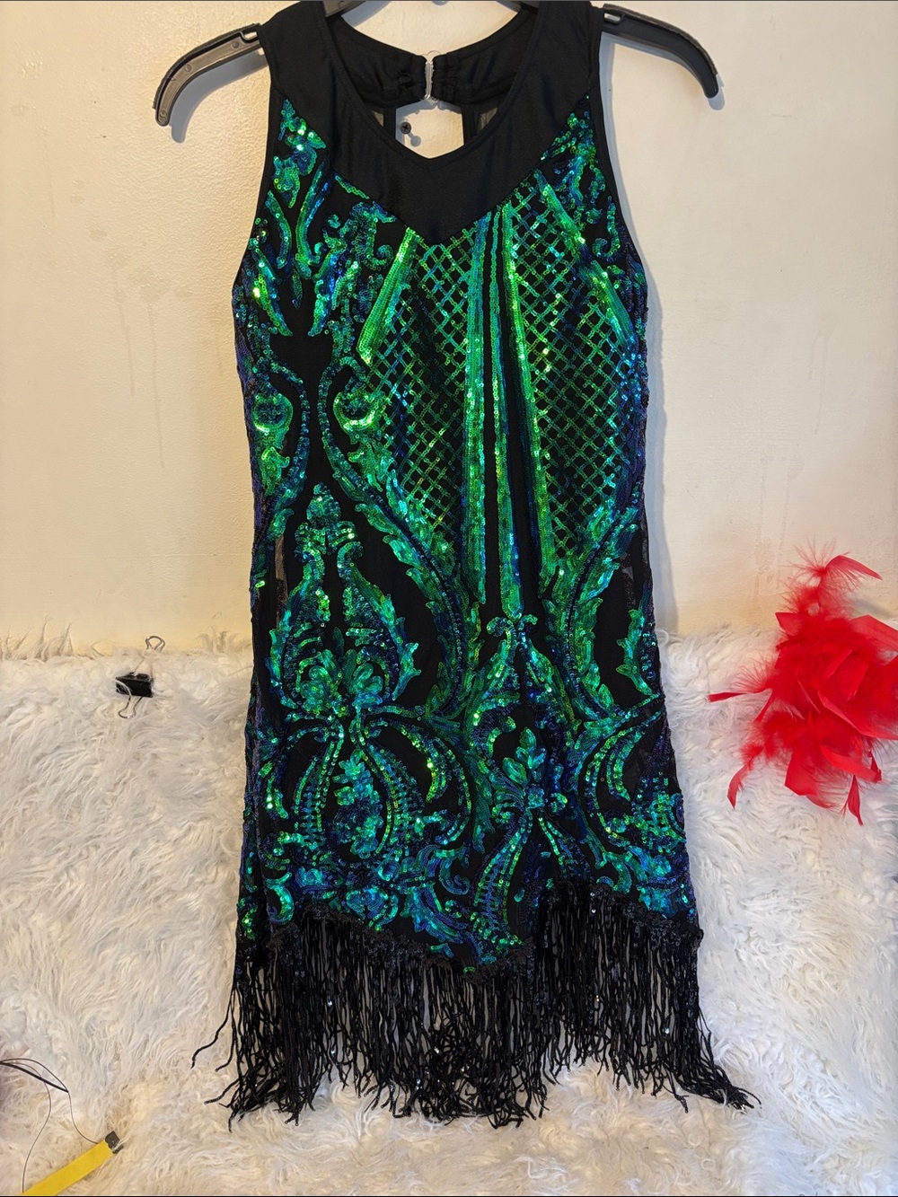 Parisian Works Black Mini Dress with Green & Blue Sequin Embellishment